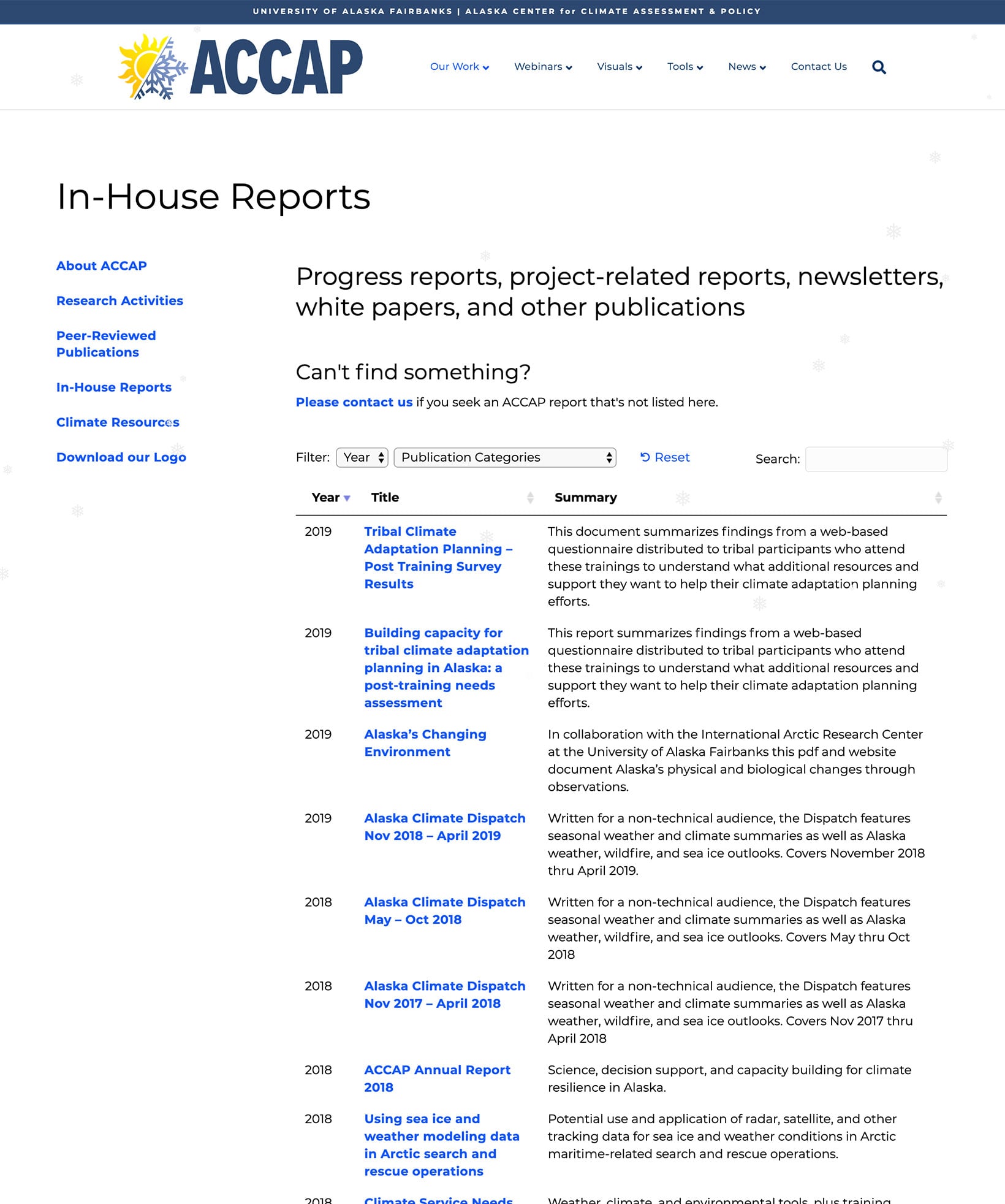 International Arctic Research Center document library of publications in a searchable table