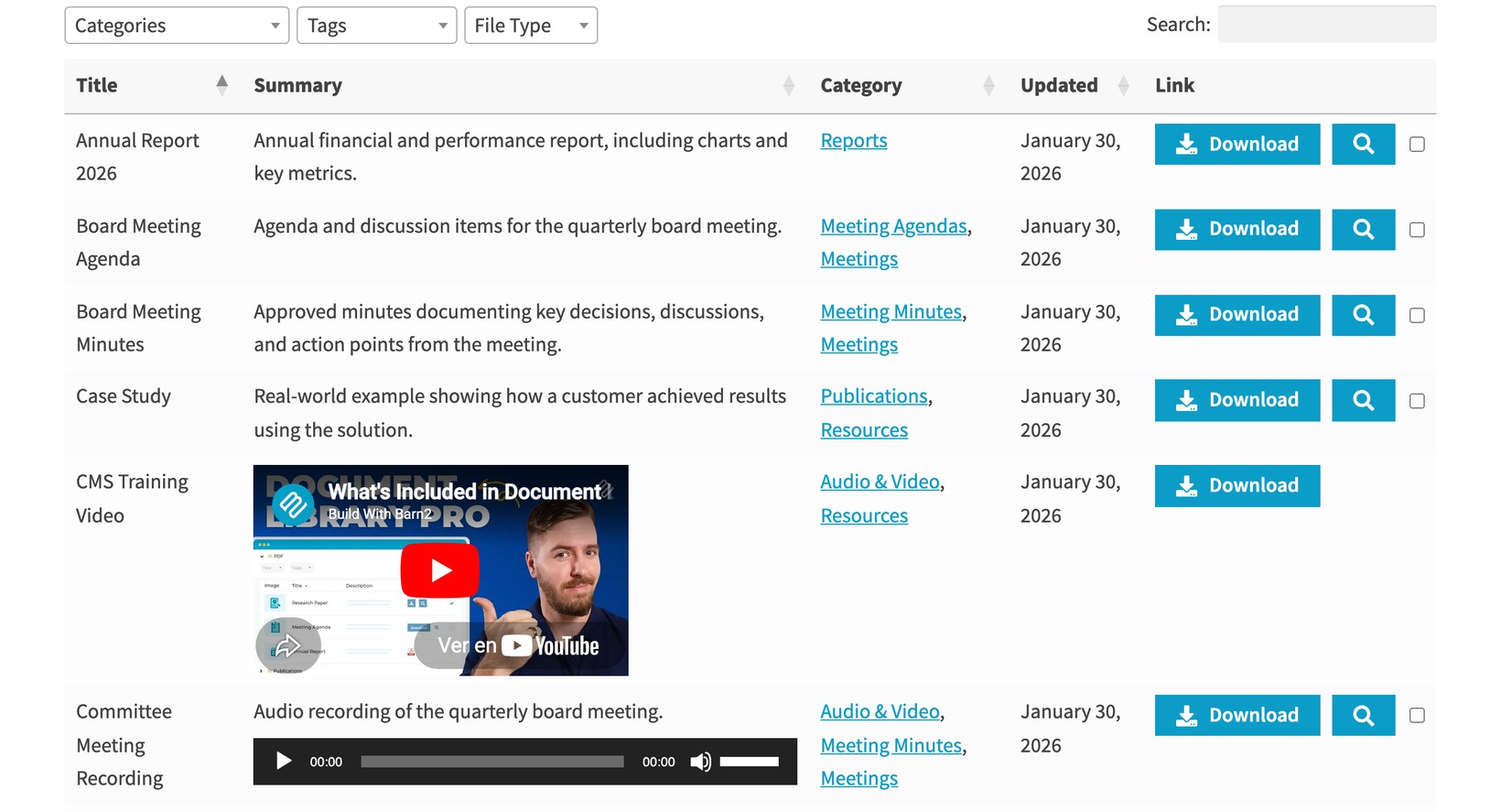 Document Library Pro running on a WordPress site, showing documents, video and audio